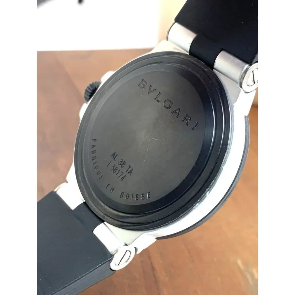 Bvlgari Men's Watch AL38A Aluminum Swiss Automatic Silver Dial Black Rubber 38mm